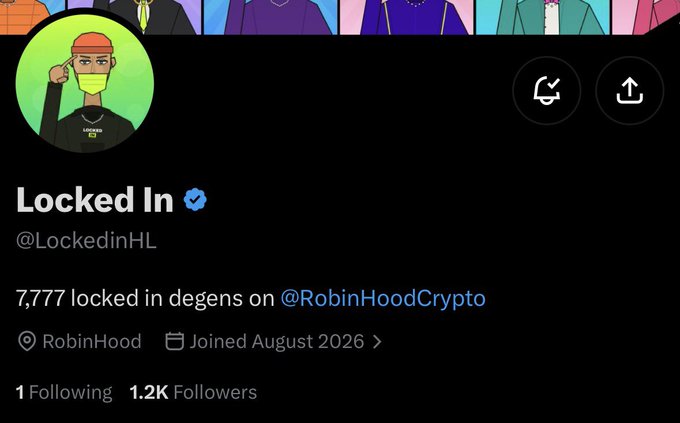 A social media profile page for 'Locked In' (@LockedinHL) showing an anime avatar with a yellow mask, noting '7,777 locked in degens on @RobinHoodCrypto' with 1.2K followers.