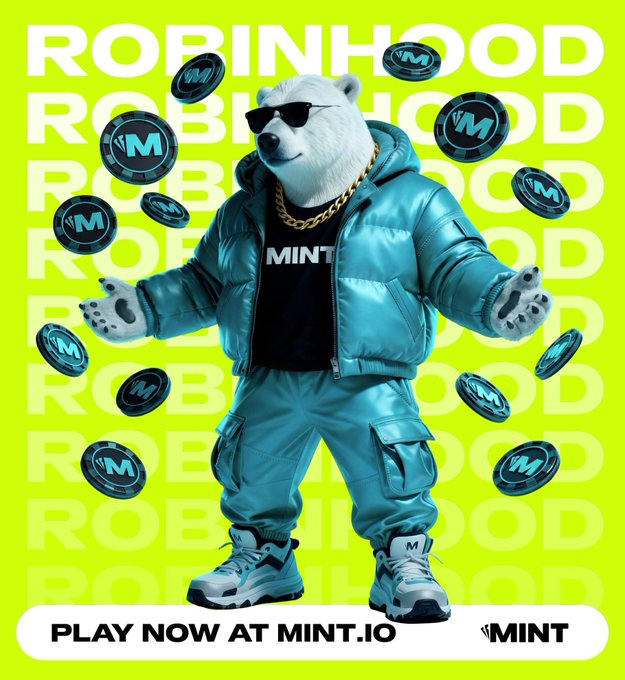 An advertisement for MINT cryptocurrency featuring a polar bear wearing sunglasses, a gold chain, and a teal puffer jacket, surrounded by MINT coins with 'ROBINHOOD' text in the background and 'PLAY NOW AT MINT.IO'