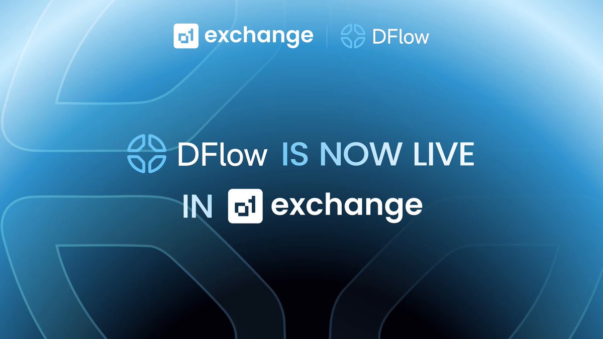 The image features a blue background with white text that reads "DFlow IS NOW LIVE IN EXCHANGE". The text is centered above an illustration of a globe, which is also blue but has a patterned design. Below this, there are two logos - one for Exchange and another for DFlow. These logos are positioned at the bottom of the image.