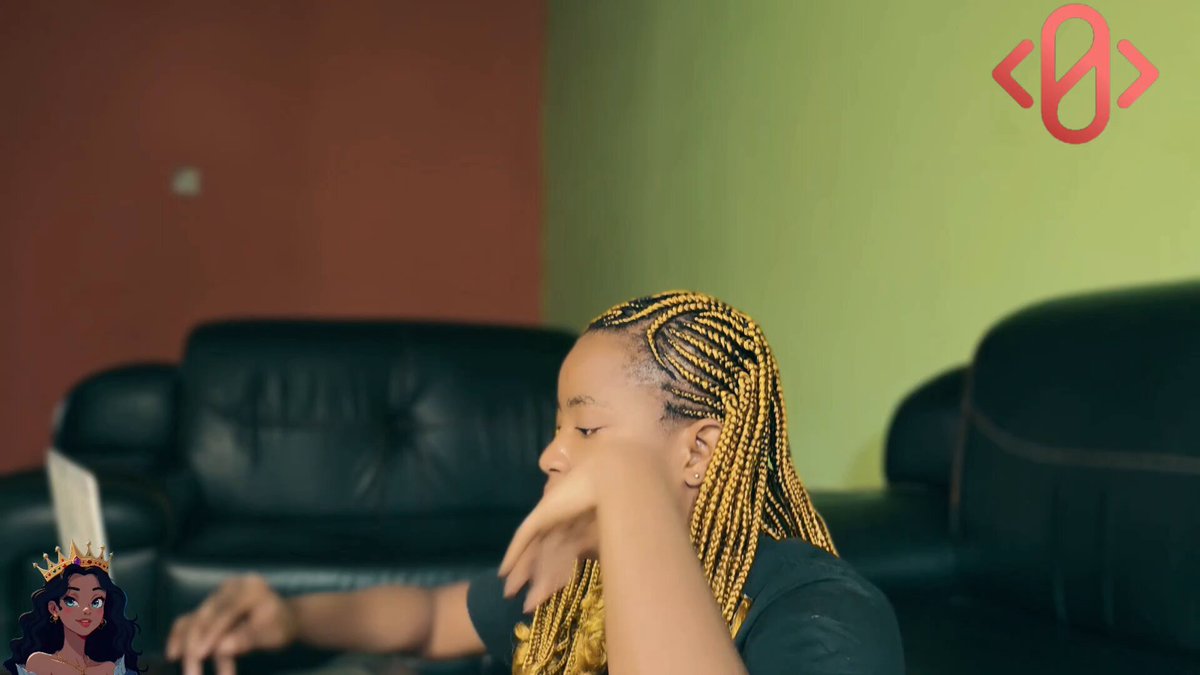 The image shows a woman with yellow braids sitting at a desk, wearing a black shirt, and using a laptop computer. The background features a green wall with an "&" symbol on it. The caption for this image reads: "This video introduces CodeXero and explains how it simplifies decentralized application development by turning simple ideas into fully functional blockchain apps using AI".