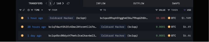 A dark-themed blockchain transaction tracker interface displaying transfers from 'Coldcard Hacker (bc1q)' with recent transactions showing values like 30.185 BTC ($1.94M), 0.0001 BTC ($6.49), and another 0.0001 BTC ($6.46).