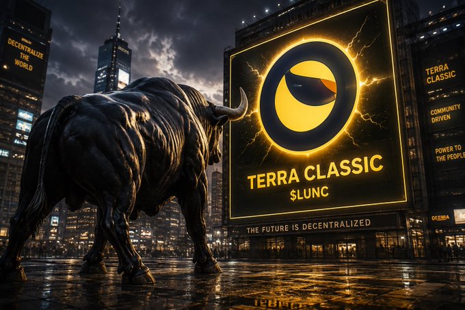 A dramatic nighttime cityscape features a large billboard displaying 'TERRA CLASSIC $LUNC' with a yellow logo, while a bronze bull statue stands in the foreground; surrounding text includes 'THE FUTURE IS DECENTRALIZED' and 'POWER TO THE PEOPLE'.