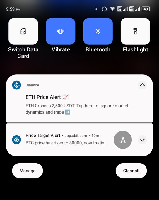 A smartphone notification panel shows quick settings (Switch Data Card, Vibrate, Bluetooth, Flashlight) and alerts from Binance about ETH crossing 2,500 USDT and a Price Target Alert for BTC rising to 80,000.