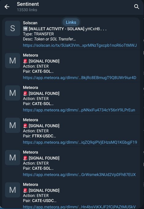 A mobile app screenshot titled 'Sentinel' showing 13,530 links, featuring entries from Solscan (Type: TRANSFER) and multiple Meteora entries with '[SIGNAL FOUND]' and 'Action: ENTER'.