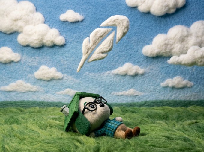 A whimsical felt-style scene showing a small plush character with glasses and a green hat lying on a grassy field under a blue sky with fluffy clouds, with a white feather-like arrow floating above.