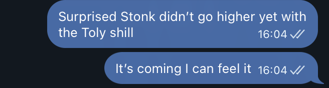 Text message conversation reading 'Surprised Stonk didn't go higher yet with the Toly shill' followed by the reply 'It's coming I can feel it', both timestamped 16:04.