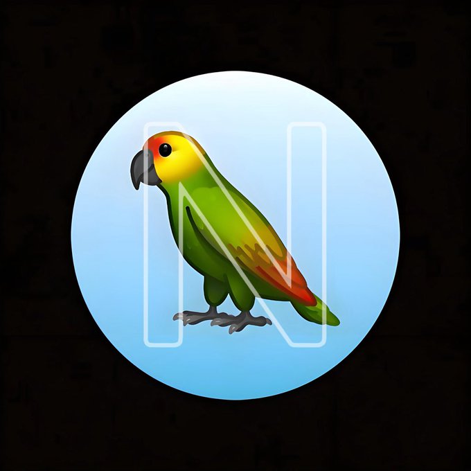 3D render of a colorful parrot (green, yellow, red) with a letter "N" superimposed in the center on a light blue circular background.