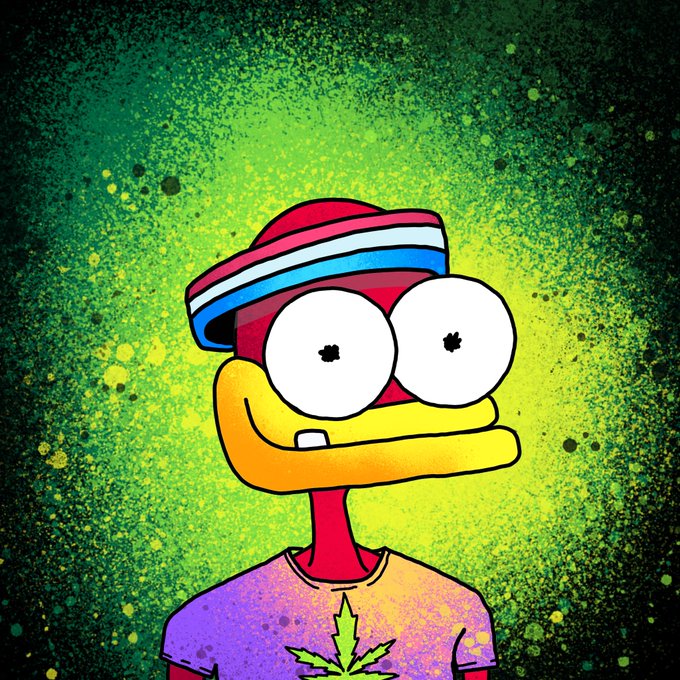 A cartoon duck character with bulging eyes, a toothy smile, a striped cap, and a t-shirt featuring a cannabis leaf, set against a vibrant green splatter background.