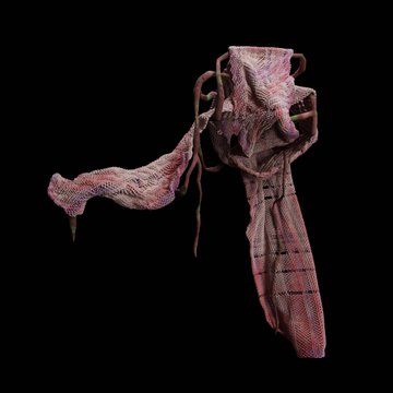 A pink ruffled garment or accessory is displayed against a black background, featuring flowing fabric and tied straps.