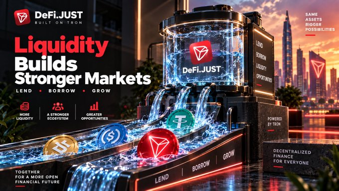 Promotional graphic for 'DeFi.JUST' built on TRON, featuring a glowing cylindrical tank with water flowing and cryptocurrency coins (USDT, S, T, TRX), reading 'Liquidity Builds Stronger Markets' and 'Powered by TRON'.