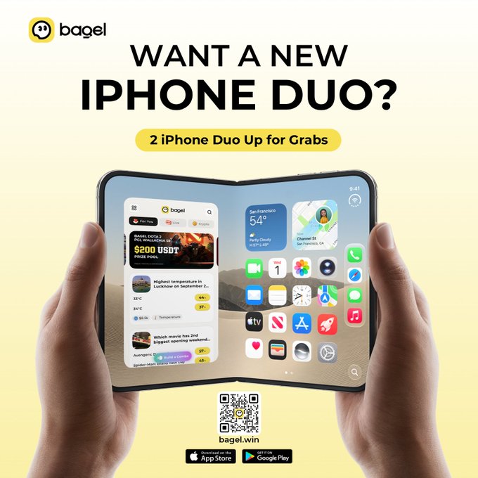 Promotional advertisement for Bagel app reading 'WANT A NEW IPHONE DUO? 2 iPhone Duo Up for Grabs' showing hands holding an open foldable phone displaying the Bagel app interface with weather, apps, and a $200 USDT prize pool, with a QR code linking to bagel.win.