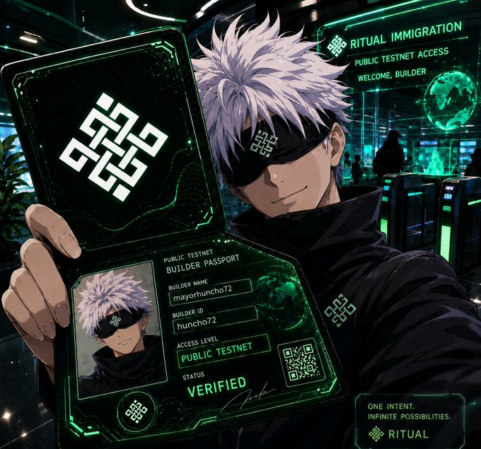 An anime-style digital illustration featuring a white-haired character holding a glowing 'Builder Passport' for RITUAL Public Testnet with verification details and QR code.