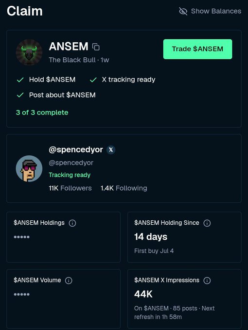 A crypto airdrop claim page showing details for '$ANSEM' token, including a 'Trade $ANSEM' button, completion of 3 tasks, and statistics like 44K X impressions.