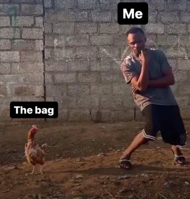 A boy labeled "Me" crouches in a tense, crouched stance facing a chicken labeled "The bag," ready to pounce on it as if it were a wrestling opponent. The meme humorously captures the absurd but relatable struggle of trying to catch a chicken or grab something that keeps slipping away—hence the caption "Everyday."