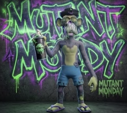 A 3D rendered mutant rat character wearing a black cap, sunglasses, blue tank top, holding a spray can, standing in front of neon graffiti reading 'MUTANT MONDAY' with the same text displayed at the bottom right.