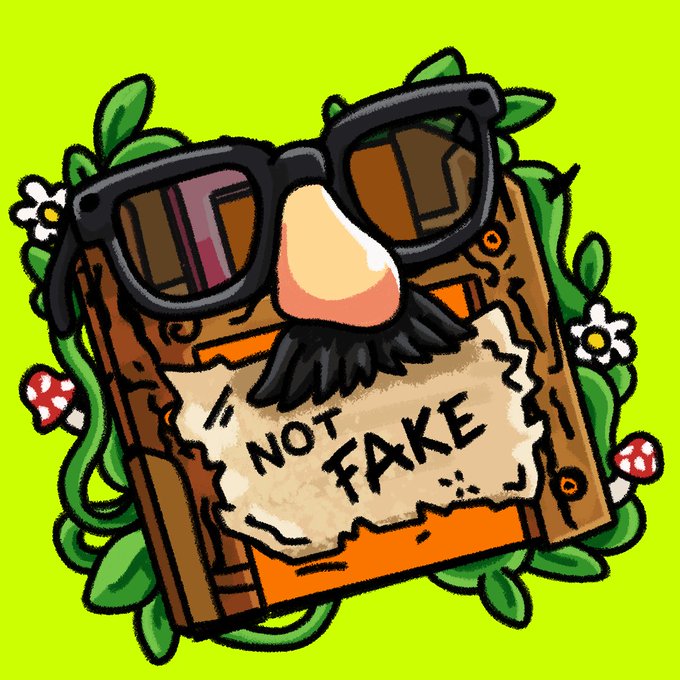 A cartoon book wearing black glasses and a mustache with a sign reading "NOT FAKE," surrounded by greenery and mushrooms, visually reinforces the post's claim that the NFT collection is 100% handmade with no AI involvement.