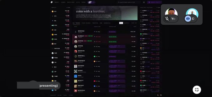 The image displays a dark-themed cryptocurrency tracking dashboard listing various tokens with "coins with a heartbeat" branding and mentions NFTs and DeFi protocols, while two avatars labeled "Yo" and "D" appear in the top right during a video call where one participant is "presenting." This relates to the post about prepping for builder and degen projects, showcasing the crypto/DeFi context where the speaker works as a builder on platforms like PerpsPad.