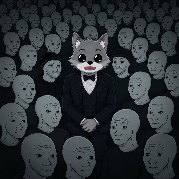 A confident wolf-headed figure wearing a black tuxedo and bow tie stands at the center of a crowd of solemn, bald humanoid faces, with the accompanying caption "All eyes on Wolfy" highlighting his commanding presence as the focal point amid the onlookers.