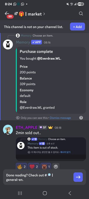 A Telegram chat screenshot from the #market channel showing a Memory bot purchase confirmation for @Everdraw.WL (200 points, 339 balance) at 08:16.