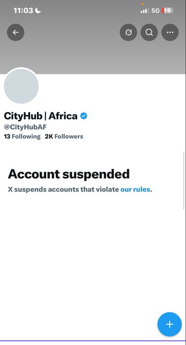 A screenshot of a suspended X (Twitter) account for 'CityHub | Africa' (@CityHubAF), which has 13 Following and 2K Followers.
