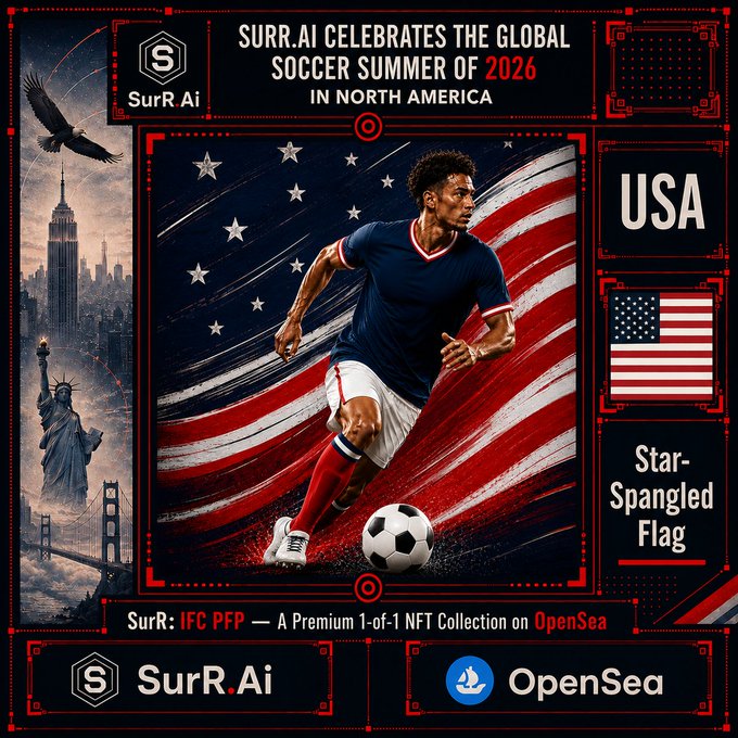 A promotional graphic for SurR.Ai announces 'SURR.AI CELEBRATES THE GLOBAL SOCCER SUMMER OF 2026 IN NORTH AMERICA' featuring a USA 'Star-Spangled Flag' soccer player NFT on OpenSea.