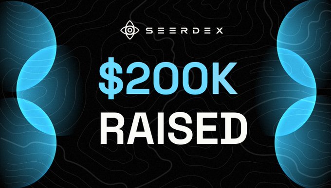 A promotional graphic for the $SEERX token presale displays "$200K RAISED" in bold text alongside the SEEREX logo, with a dark topographic background and blue circular design elements on the sides. The image visually reinforces the post's message about the presale nearing its $250K price tier milestone.