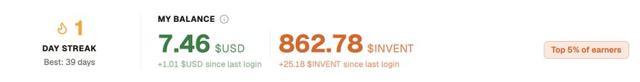 A digital dashboard showing 'MY BALANCE' with 7.46 $USD and 862.78 $INVENT, plus a day streak of 1 (best: 39 days) and a 'Top 5% of earners' badge.
