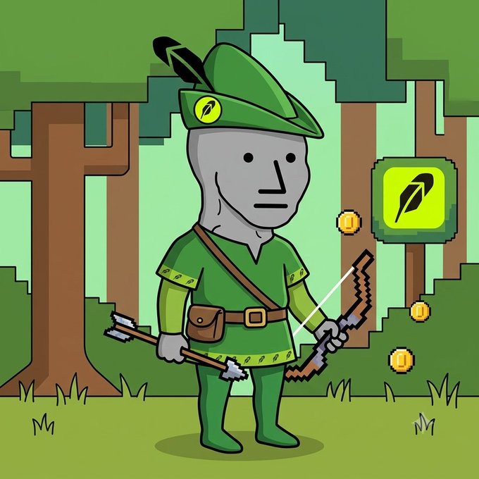 A pixel-art illustration of a gray-skinned character dressed as Robin Hood, wearing a green tunic and feathered cap, holding a bow and arrows in a forest setting with floating gold coins.