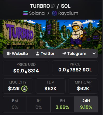 A cryptocurrency price tracking interface showing data for the TURBRO/SOL token on Solana and Raydium, displaying a price of $0.048314 USD and market cap of $62K with 9.15% 24H gains.