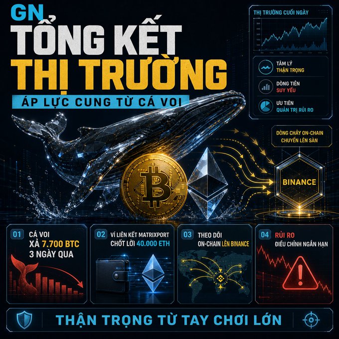 A graphic in Vietnamese titled 'TỔNG KẾT THỊ TRƯỜNG' features a large whale, Bitcoin, Ethereum, and Binance logos, with text including 'CÁ VOI XẢ 7.700 BTC' and 'CẢNH BÁO THẬN TRỌNG TỪ TAY CHƠI LỚN'.