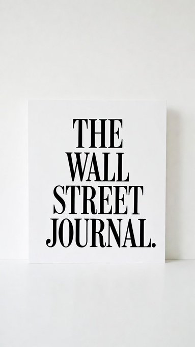 A white card leaning against a white wall displays 'THE WALL STREET JOURNAL.' in bold black serif text.