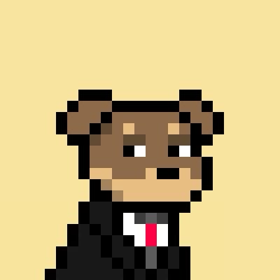 A pixel art portrait of a character with brown skin, wearing a black suit and red tie, set against a beige background.
