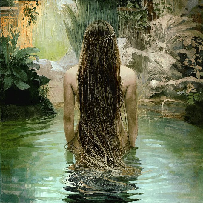 A digital artwork of a woman with long hair seen from behind, sitting in a green forest pool with rocks and foliage around her.