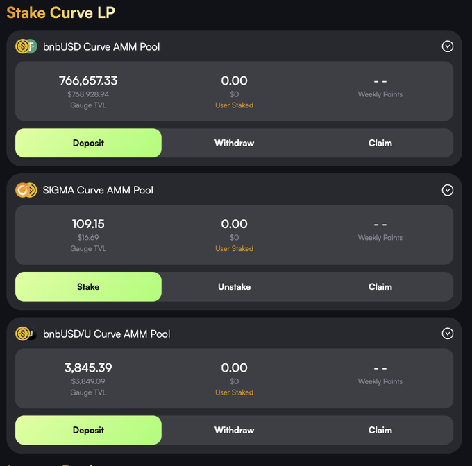 A "Stake Curve LP" interface displays three Curve AMM pools (bnbUSD, SIGMA, and bnbUSD/U) with their respective Gauge TVLs of $768,928.94, $16.69, and $3,849.09, showing options to Deposit, Stake, or Withdraw to earn xSIGMA rewards as referenced in the post.