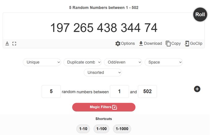 A random-number generator page displays “5 Random Numbers between 1 - 502” and the results “197 265 438 344 74,” with controls such as “Roll,” “Options,” “Download,” and “Copy.”