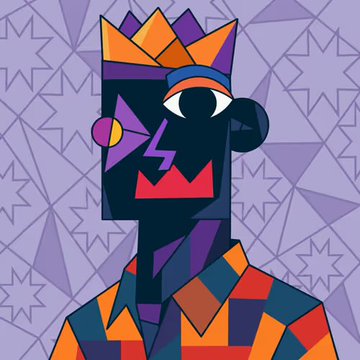A cubist-style portrait of a figure with a crown, sunglasses, and a colorful checkered shirt against a purple patterned background.