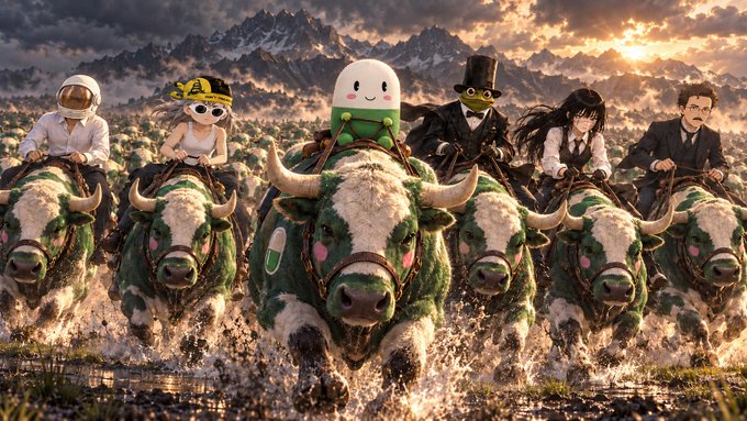 A digitally created image shows five figures, including an astronaut, a person in a tiger mask, a pill-shaped character, and people in formal wear, all riding cattle-like creatures through a mountain landscape.