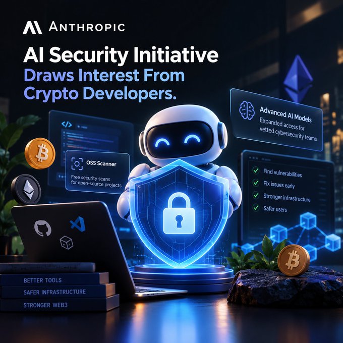 A promotional graphic for Anthropic's 'AI Security Initiative' aimed at crypto developers, showing a cute robot character holding a glowing blue shield with a padlock icon. The image highlights features like 'OSS Scanner', 'Advanced AI Models', and benefits including 'Find vulnerabilities', 'Fix issues early', and 'Stronger infrastructure', with Bitcoin and Ethereum coins visible.