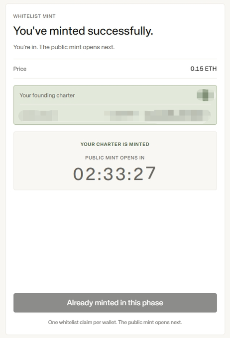 A screenshot of a successful whitelist mint confirmation at 0.15 ETH for a "founding charter," showing the user's charter has been minted with a public mint countdown of 02:33:27 remaining. This visually supports the poster's announcement of participating in the founding cohort mint for @standard_rsv alongside @0xbeans.