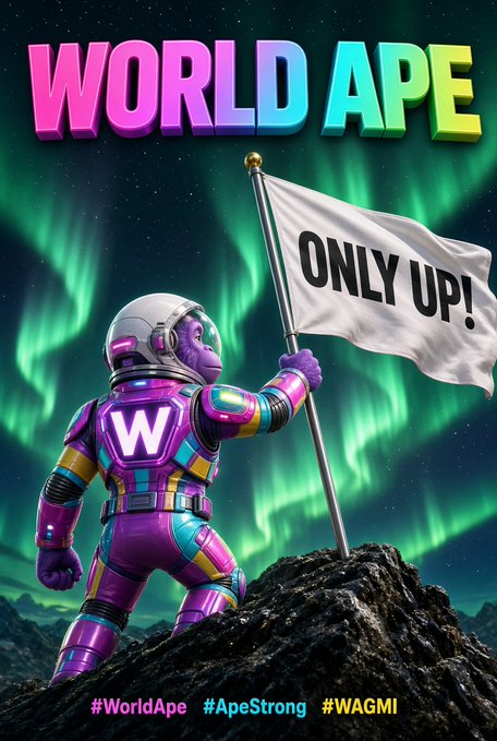 An astronaut ape plants a "ONLY UP!" flag on a rocky peak under an aurora-lit sky, with "WORLD APE" in bold gradient letters above and hashtags "#WorldApe #ApeStrong #WAGMI" below — symbolizing the optimistic "we're all gonna make it" momentum behind the $WLD project on @worldnetwork.