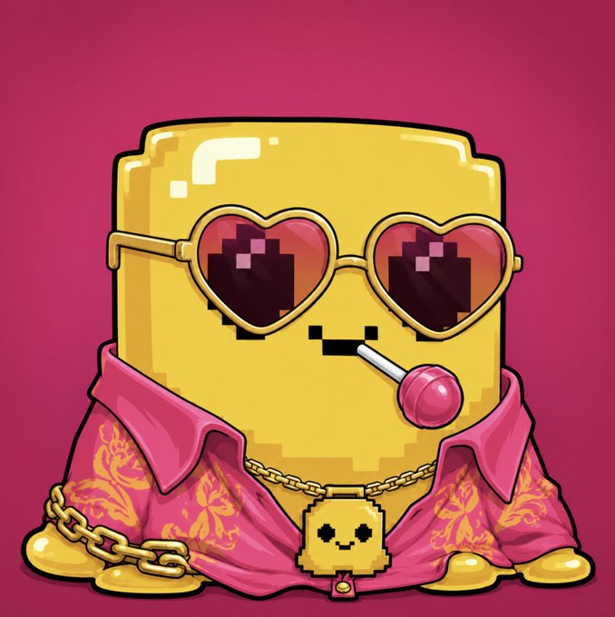 A pixelated yellow character wearing heart-shaped sunglasses, a pink shirt, and a gold chain smiles while smoking a lollipop, embodying the bold, "valentine gangster" aesthetic referenced in the Robinhood post teasing their first PvP platform launch.