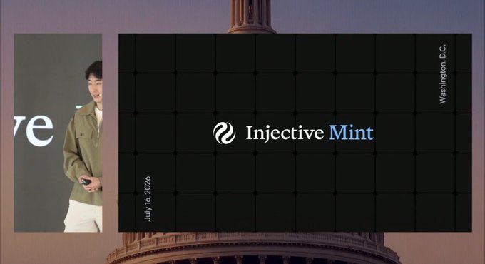 A presentation slide titled 'Injective Mint' dated 'July 10, 2026' in 'Washington, D.C.', shown alongside a presenter wearing a green jacket.