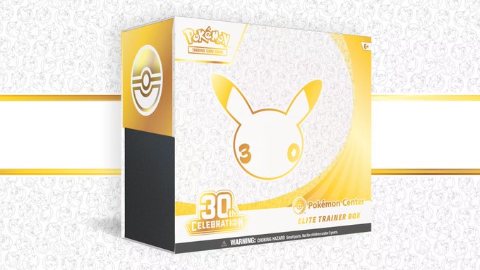 A Pokémon Trading Card Game 30th Celebration Pokémon Center Elite Trainer Box featuring a Pikachu silhouette on its gold and white packaging is shown. The post reflects urgency, hoping this highly sought-after collector's item doesn't sell out before the user can purchase it.
