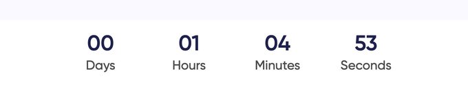 A simple countdown timer interface displaying 00 Days, 01 Hours, 04 Minutes, and 53 Seconds remaining.