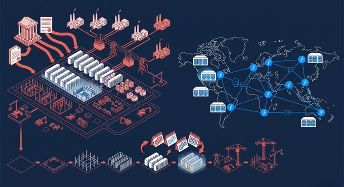 An isometric illustration depicts a sprawling data center campus on the left with server racks, power plants, and industrial infrastructure connected via piping, linked to a global network map on the right showing distributed nodes across continents. Below, a process flow diagram traces the construction pipeline from site preparation through framework, equipment installation, testing, and final power grid deployment, visually reinforcing the post's narrative of building massive AI infrastructure like Meta's 5-gigawatt Hyperion campus versus leveraging existing decentralized networks like Filecoin.