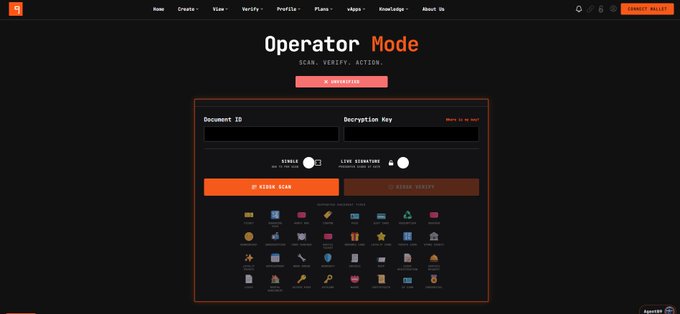 A dark-themed website interface titled 'Operator Mode' with the tagline 'SCAN. VERIFY. ACTIO'N,' featuring input fields for Document ID and Decryption Key.