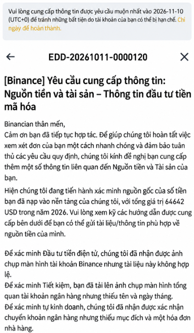 A Binance (EDDM-20261011-0000120) information request dated November 10, 2026, asking the user to provide source of funds documentation totaling 646,642 USD between January and October 2026, and noting that submitted crypto transaction screenshots, bank statements, and business verification documents were deemed insufficient.