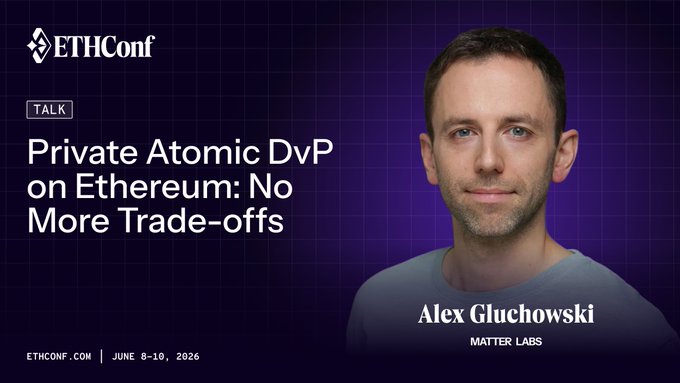 The image shows a man wearing a white t-shirt posing for a picture against a dark purple background with white text that reads "ETHCON FOCUS @THE CONFOUND : Private Atomic DvP On Ethereum: No More Trade-offs". The image also contains other text, such as the date and time of the event at 8:30pm on June 6th.
