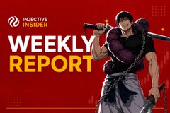 A 'Weekly Report' banner from 'Injective Insider' featuring a red background with an anime-style warrior character holding a chained weapon.