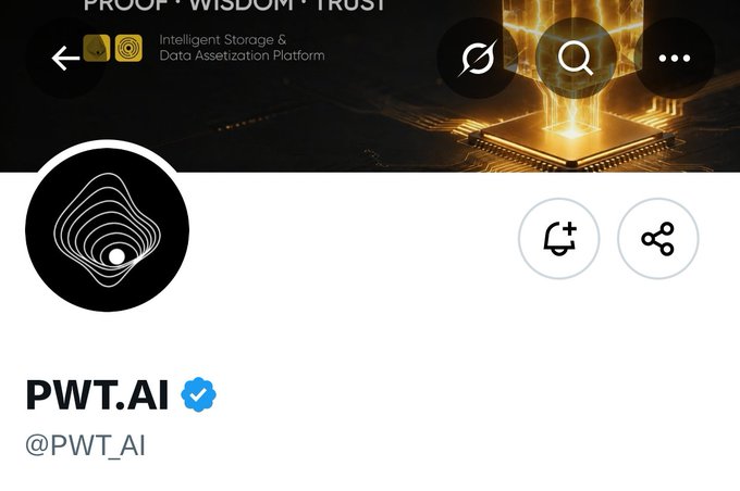 A Twitter/X profile page for 'PWT.AI' (@PWT_AI), tagged as an 'Intelligent Storage & Data Assetization Platform' with the tagline 'PROOF · WISDOM · TRUST'.